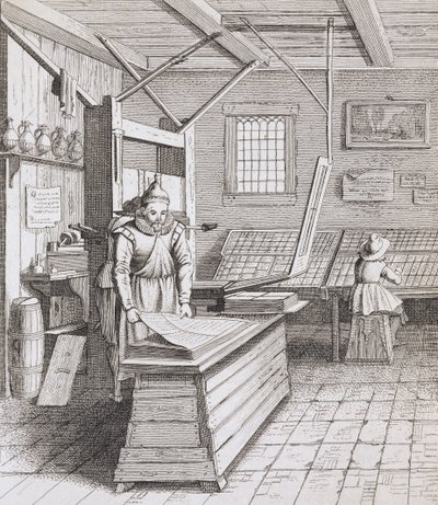 The Bindery of Laurens Janszoon Koster, Engraved by J. van der Velde, Published in 